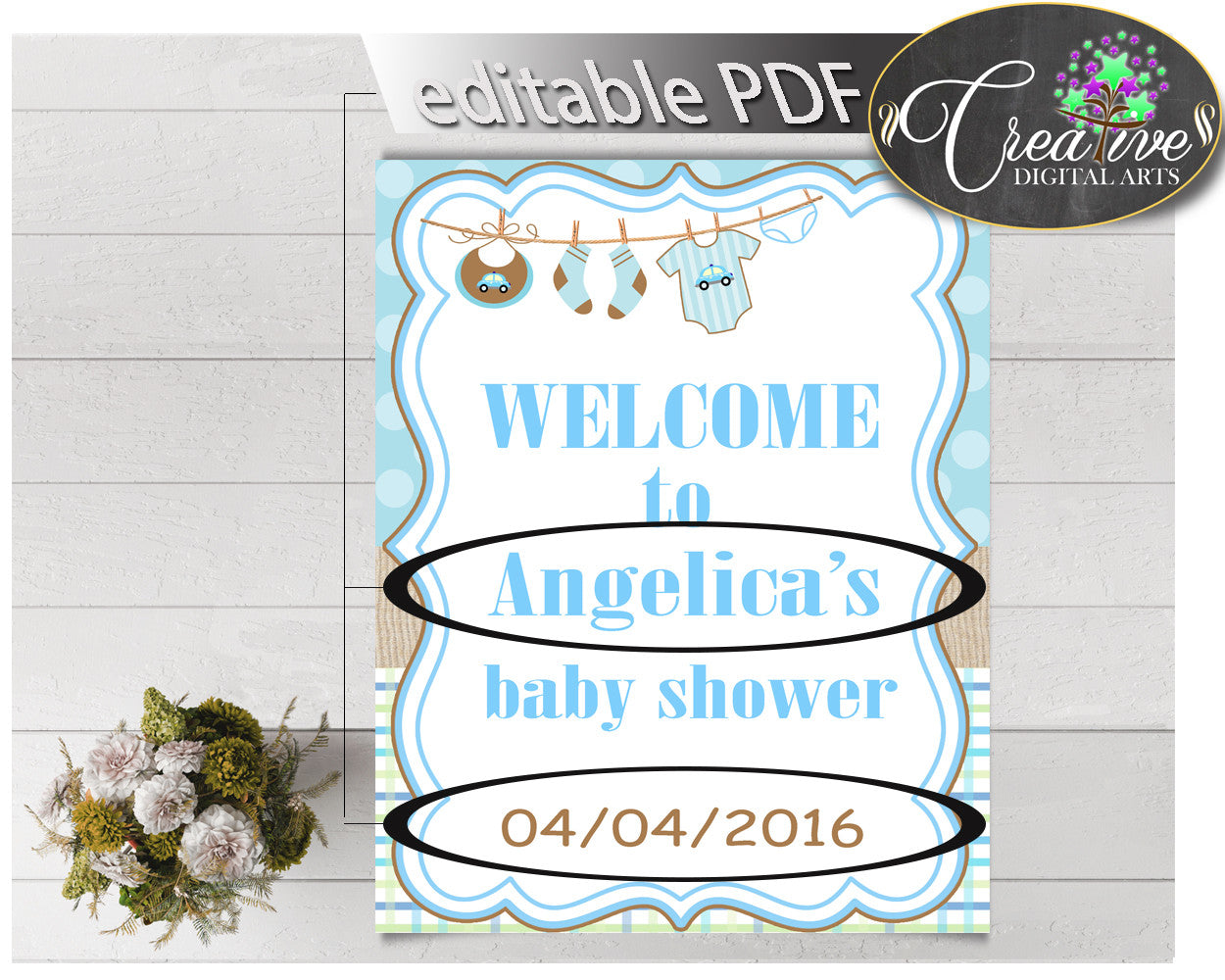 Baby Shower WELCOME sign editable with boy clothes and blue color theme printable, digital files, pdf jpg, instant download - bc001