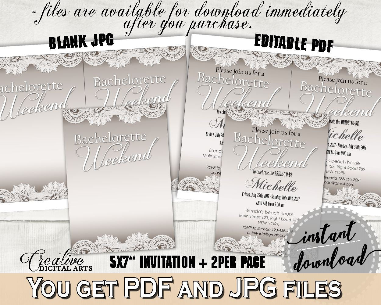 Bachelorette Weekend Invitation Editable in Traditional Lace Bridal Shower Brown And Silver Theme, editable invitation, prints - Z2DRE - Digital Product