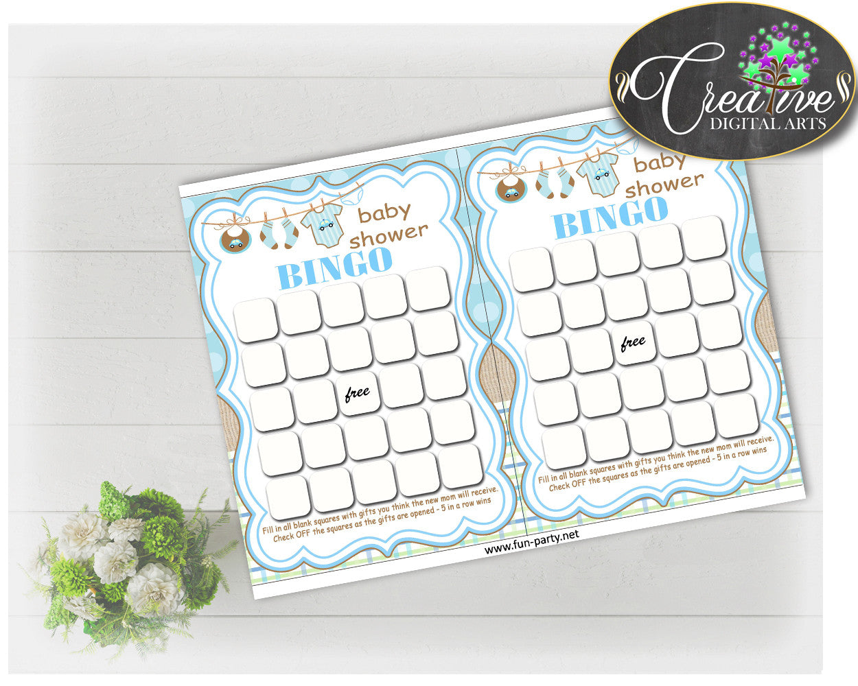 Baby Shower printable BINGO GIFT cards game with boy clothes printable and blue color theme, Jpg Pdf, instant download - bc001