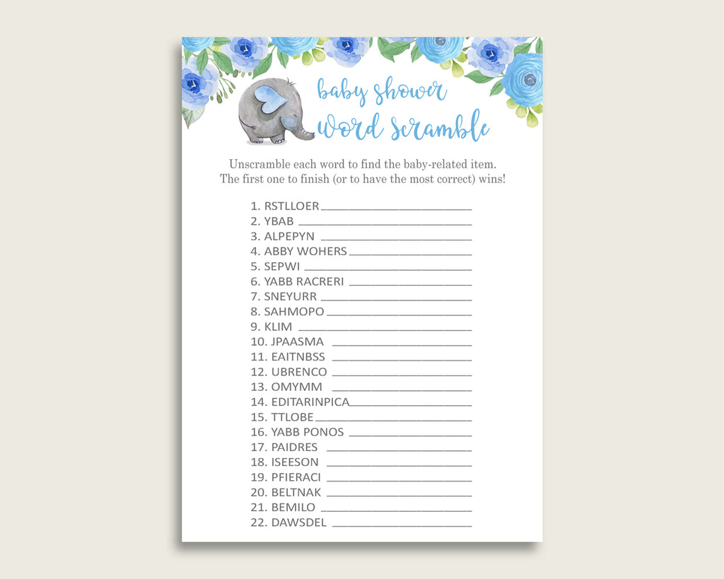 Boy Baby Shower Word Scramble Game Printable, Cute Elephant Blue Blue Gray Word Scramble, Funny Activity, Instant Download, Mammoth ebl01