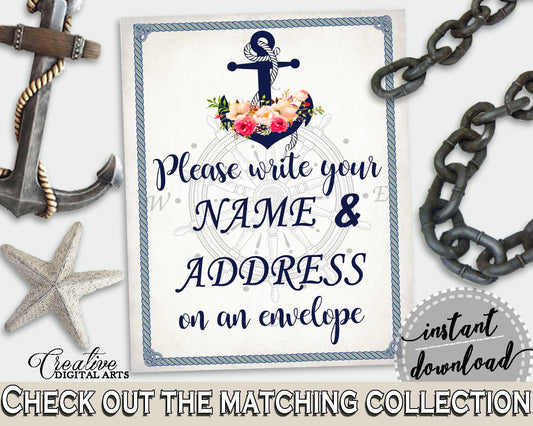 Navy Blue Nautical Anchor Flowers Bridal Shower Theme: Write Your Name And Address Sign - envelope station, digital print, prints - 87BSZ - Digital Product