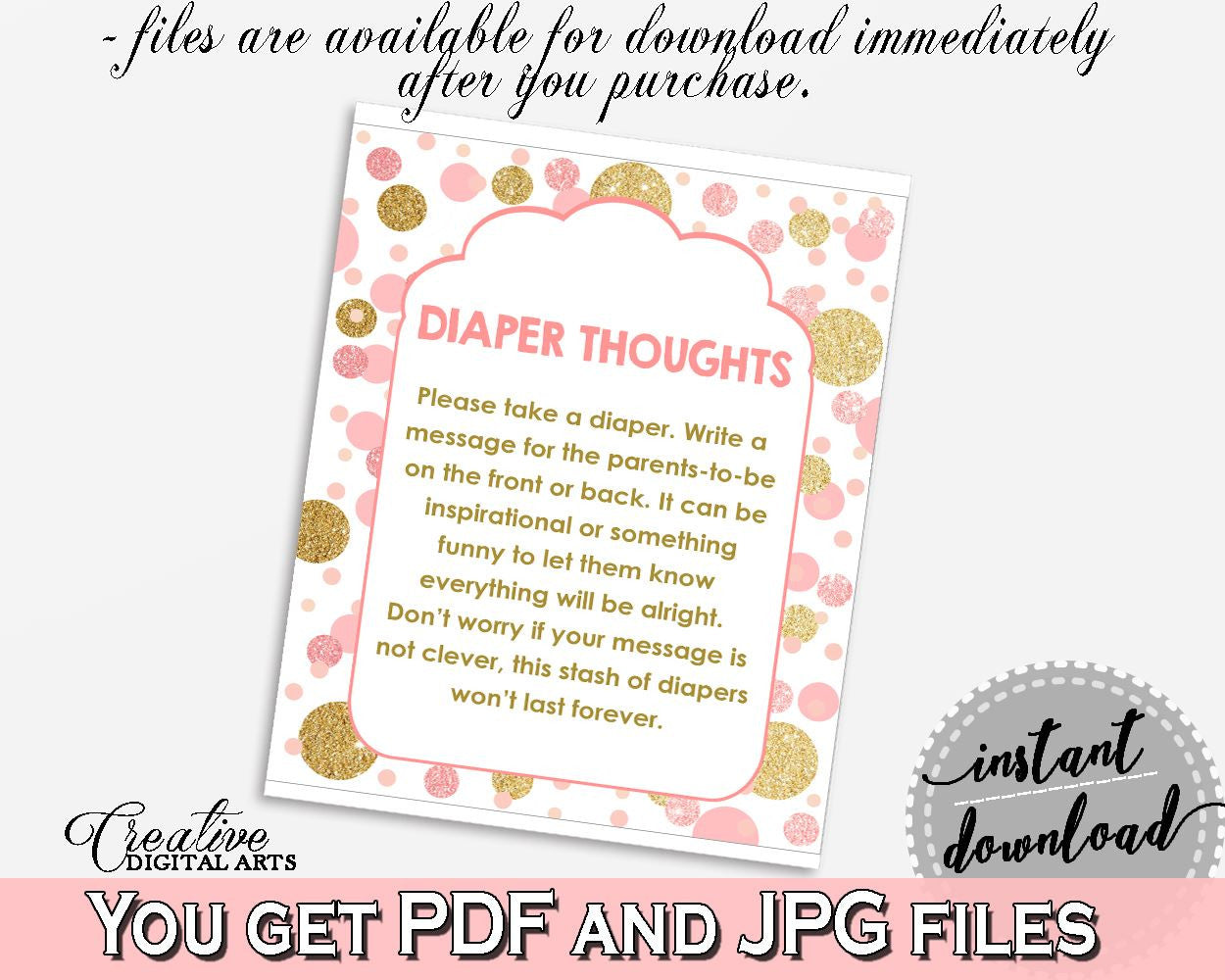 Pink Gold Diaper Thoughts, Baby Shower Diaper Thoughts, Dots Baby Shower Diaper Thoughts, Baby Shower Dots Diaper Thoughts pdf jpg RUK83 - Digital Product