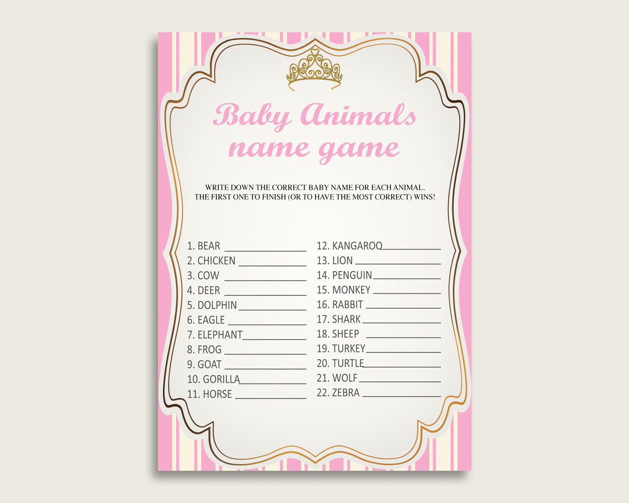 Royal Princess Name The Baby Animals Game Printable, Pink Gold Baby Shower Animal Game, Girl Baby Shower, Instant Download, Glamorous, rp002