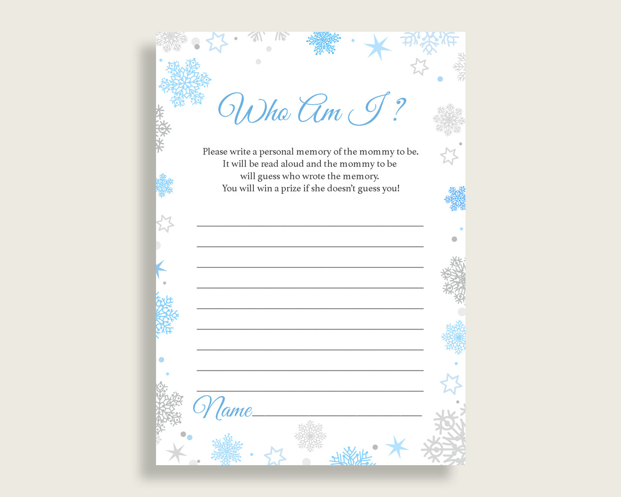 Who Am I Baby Shower Who Am I Snowflake Baby Shower Who Am I Blue Gray Baby Shower Snowflake Who Am I instant download printable NL77H