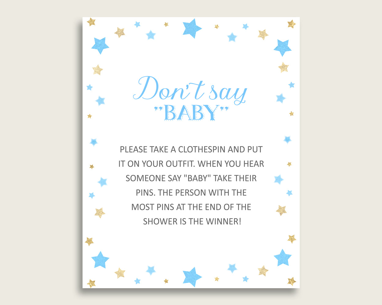 Blue Gold Don't Say Baby Printable Game, Boy Baby Shower Stars Game Sign, Instant Download, 8x10, Most Popular Twinkle Twinkle bsr01