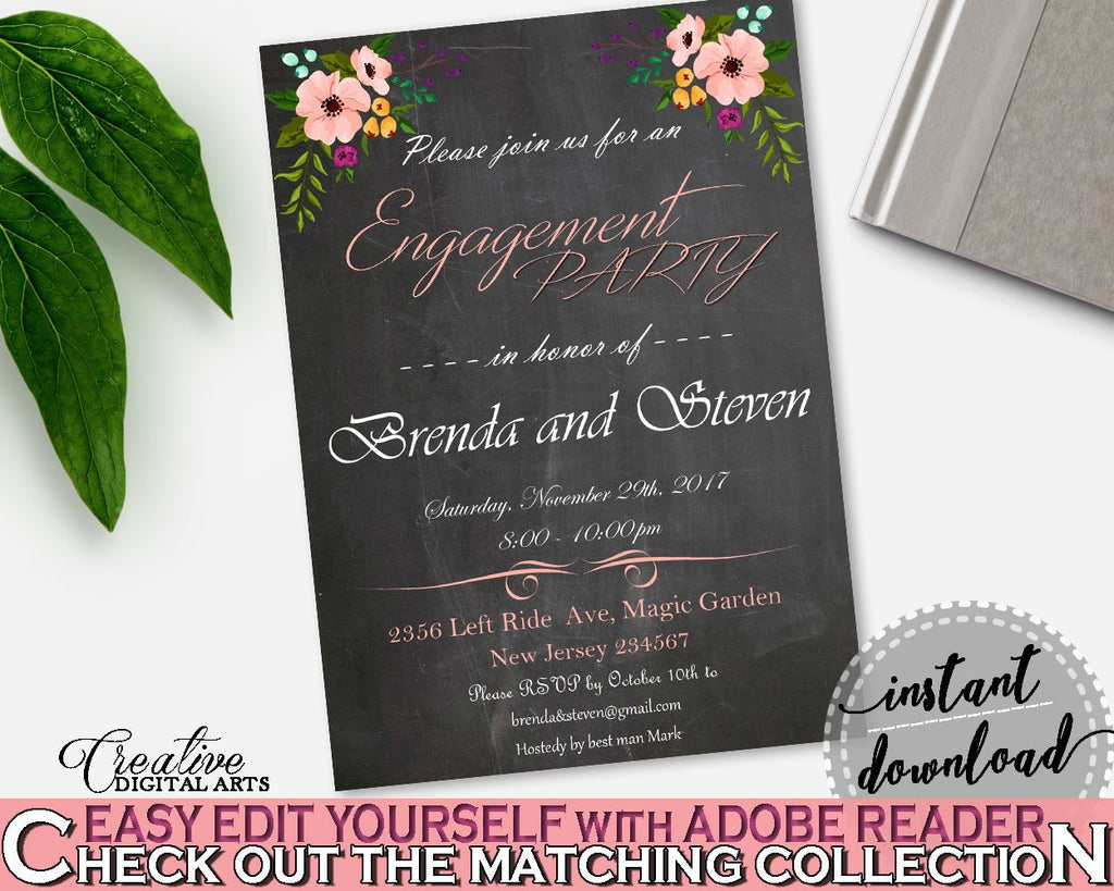 Chalkboard Flowers Bridal Shower Engagement Party Invitation Editable in Black And Pink, engaged, black board, bridal shower idea - RBZRX - Digital Product