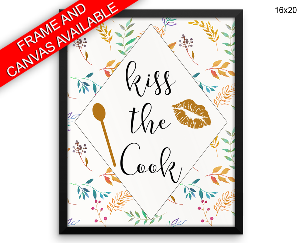 Kiss The Cook Print, Beautiful Wall Art with Frame and Canvas options available Kitchen Decor