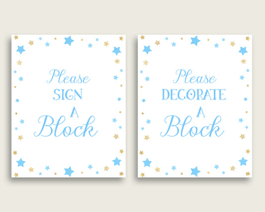 Blue Gold Please Sign A Block Sign and Decoarate A Block Sign Printables, Stars Boy Baby Shower Decor, Instant Download, Little Star, bsr01