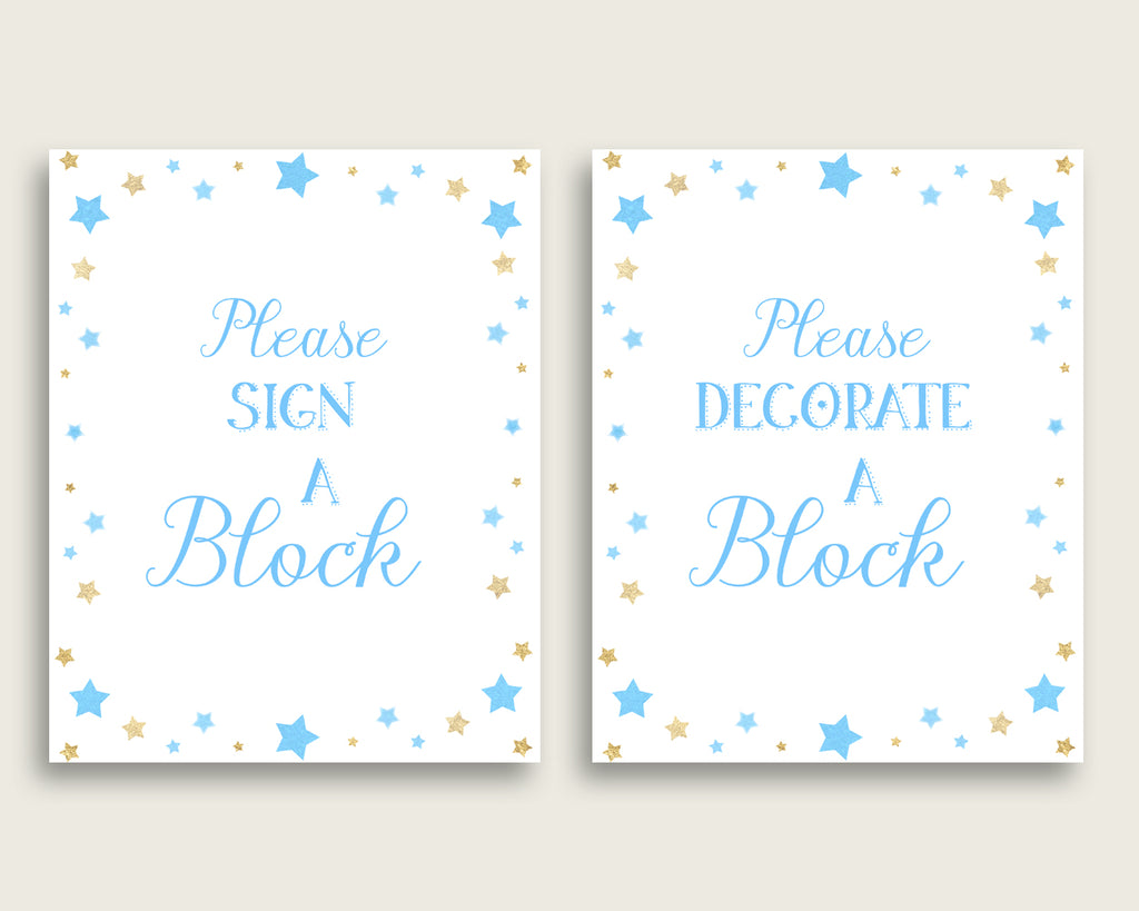 Blue Gold Please Sign A Block Sign and Decoarate A Block Sign Printables, Stars Boy Baby Shower Decor, Instant Download, Little Star, bsr01