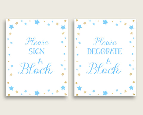Blue Gold Please Sign A Block Sign and Decoarate A Block Sign Printables, Stars Boy Baby Shower Decor, Instant Download, Little Star, bsr01