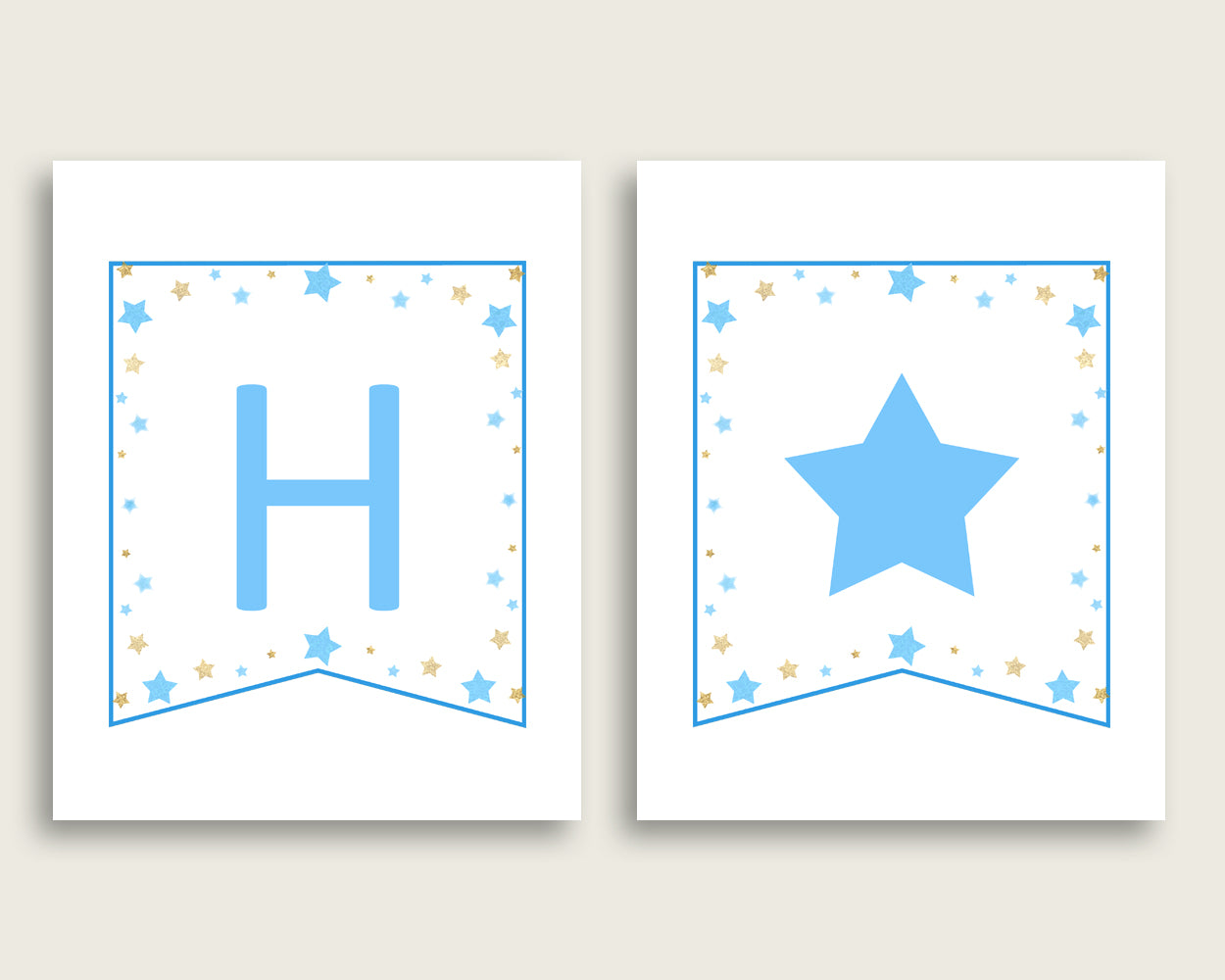 Stars Baby Shower Banner All Letters, Birthday Party Banner Printable A-Z, Blue Gold Banner Decoration Letters Boy, Moon Glitter Stars bsr01