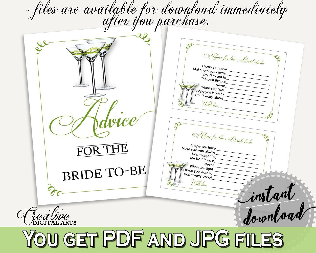 Advice Cards Bridal Shower Advice Cards Modern Martini Bridal Shower Advice Cards Bridal Shower Modern Martini Advice Cards Green ARTAN - Digital Product