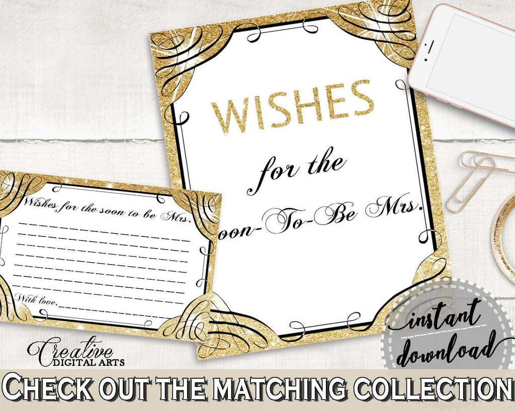 Gold And Yellow Glittering Gold Bridal Shower Theme: Wishes For The Soon To Be Mrs - bride well wishes, gold theme, printable files - JTD7P - Digital Product