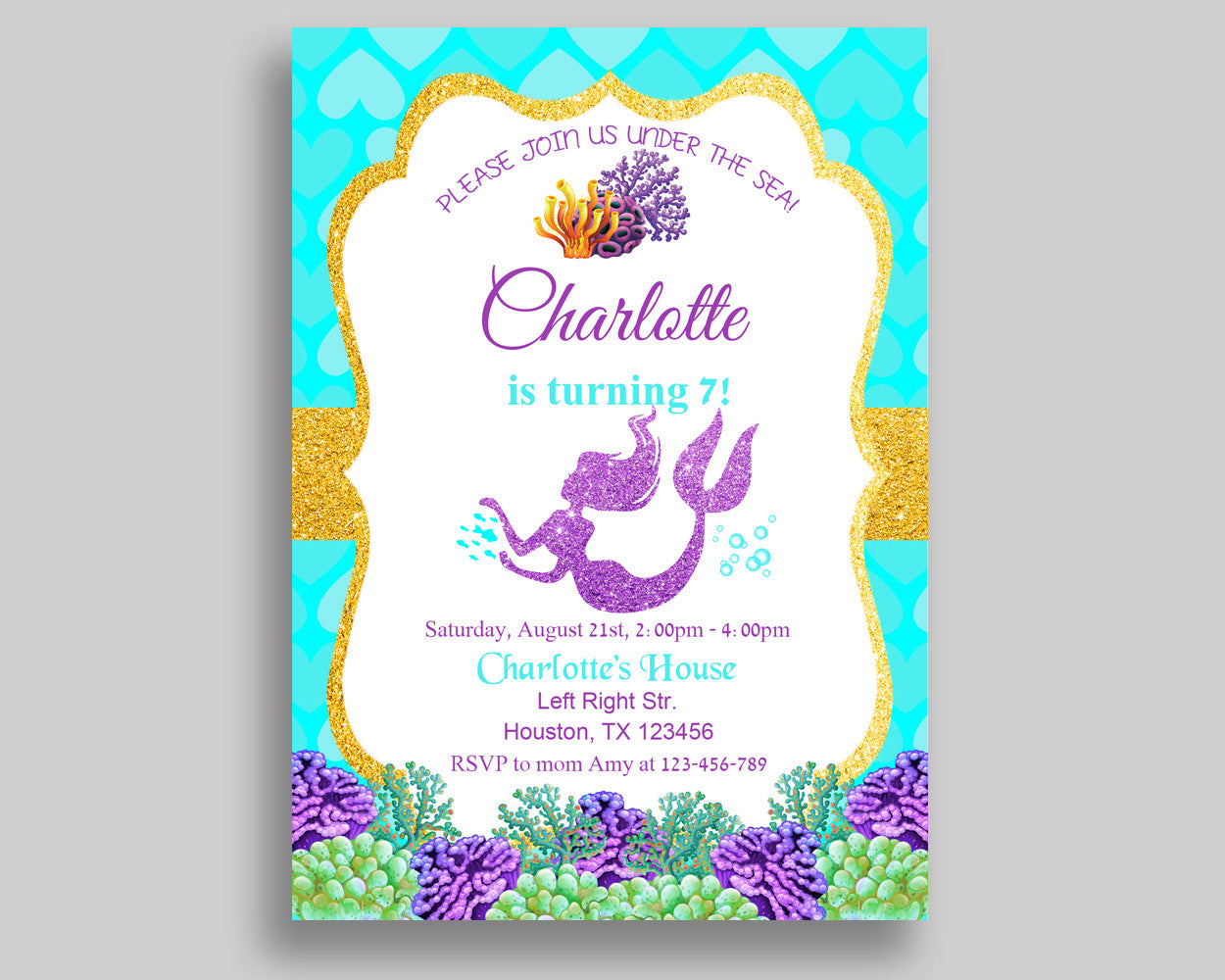 Mermaid Birthday Invitation Mermaid Birthday Party Invitation Mermaid Birthday Party Mermaid Invitation Girl under the sea, glitter PFHEP - Digital Product