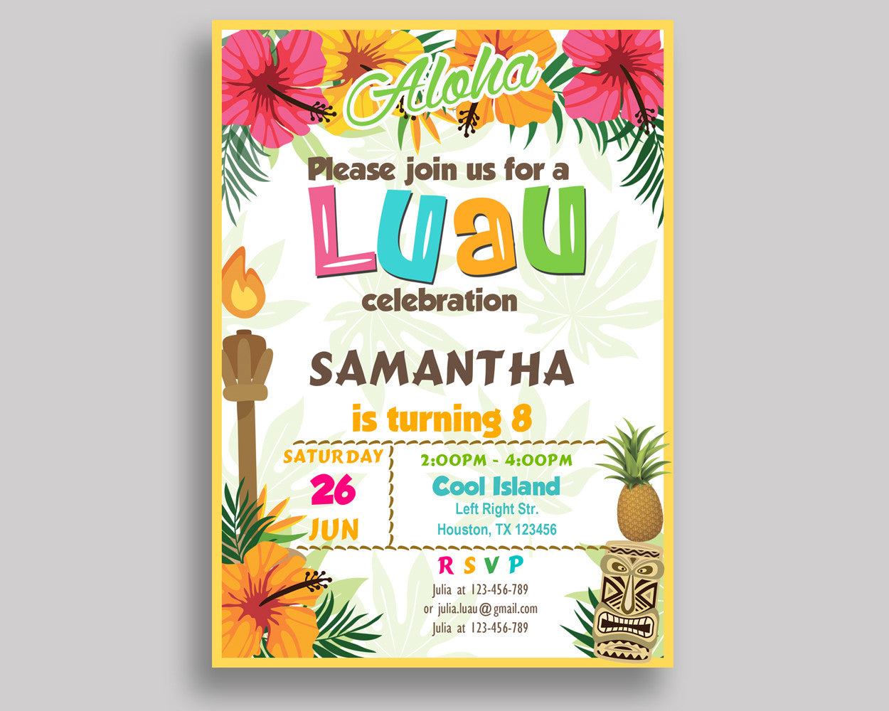 Luau Birthday Invitation Hawaii Birthday Party Invitation Luau Birthday Party Hawaii Invitation Boy Girl printable, summertime invite 1ZO9J - Digital Product