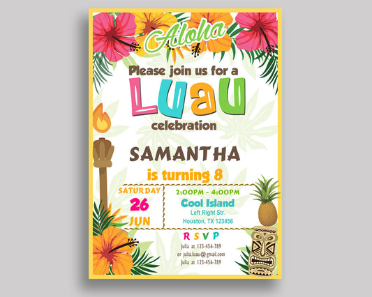 Luau Birthday Invitation Hawaii Birthday Party Invitation Luau Birthday Party Hawaii Invitation Boy Girl printable, summertime invite 1ZO9J - Digital Product