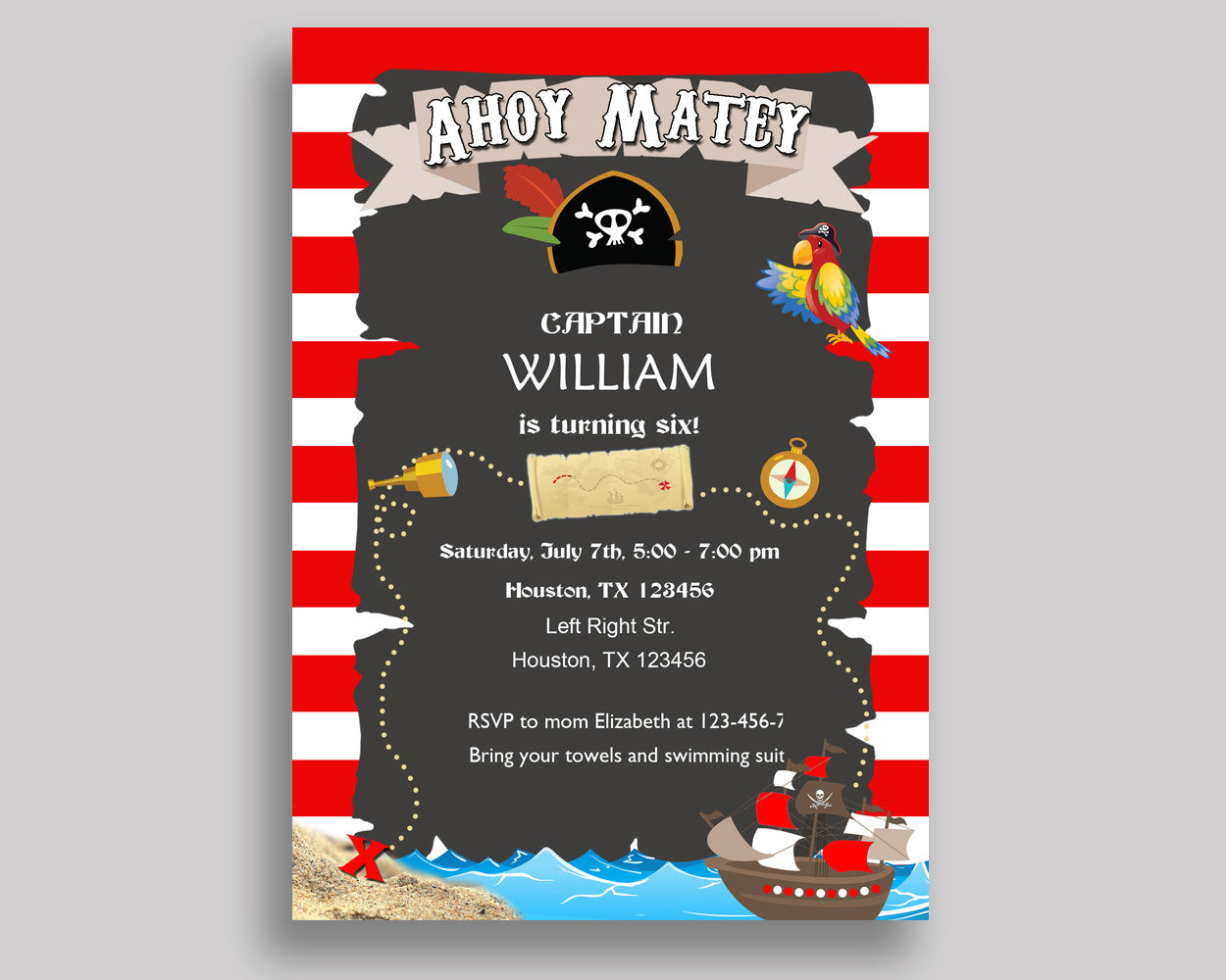 Pirate Birthday Invitation Pirate Birthday Party Invitation Pirate Birthday Party Pirate Invitation Boy pirate ship, ahoy matey INGIO - Digital Product