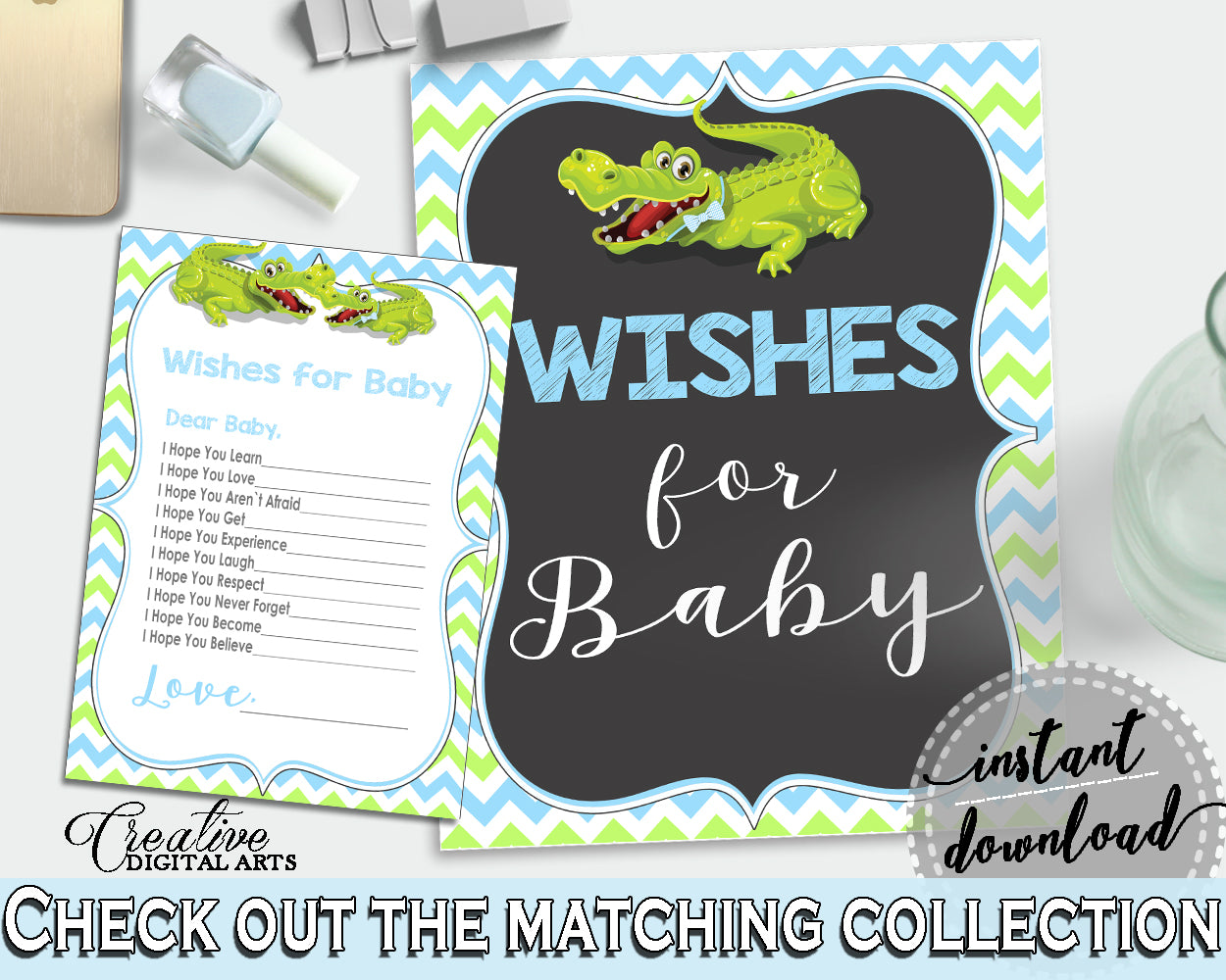 WISHES FOR BABY activity advice for baby shower with green alligator and blue color theme, instant download - ap002