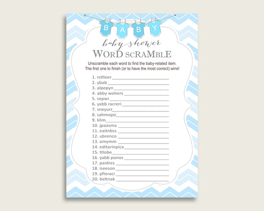 Boy Baby Shower Word Scramble Game Printable, Cute Chevron Blue White Word Scramble, Funny Activity, Instant Download, Stripy Lines cbl01