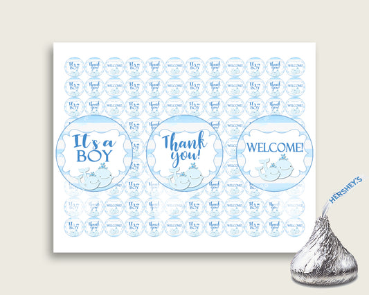 Whale Hershey Kisses Circle Printable, Blue White Hershey Kisses Labels Round Digital, Boy Baby Shower, Instant Download, Light Blue, wbl01