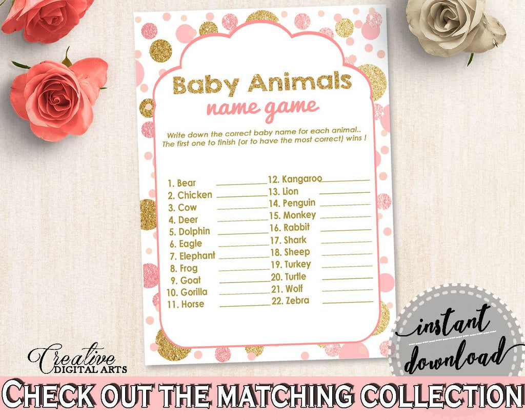 Baby Animal Names, Baby Shower Baby Animal Names, Dots Baby Shower Baby Animal Names, Baby Shower Dots Baby Animal Names Pink Gold RUK83 - Digital Product