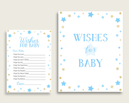 Blue Gold Wishes For Baby Cards & Sign, Stars Baby Shower Boy Well Wishes Game Printable, Instant Download, Most Popular Little Star bsr01