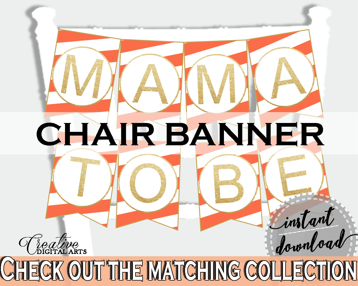 Baby shower CHAIR BANNER decoration printable with orange striped theme, digital files, glitter gold, jpg pdf, instant download - bs003