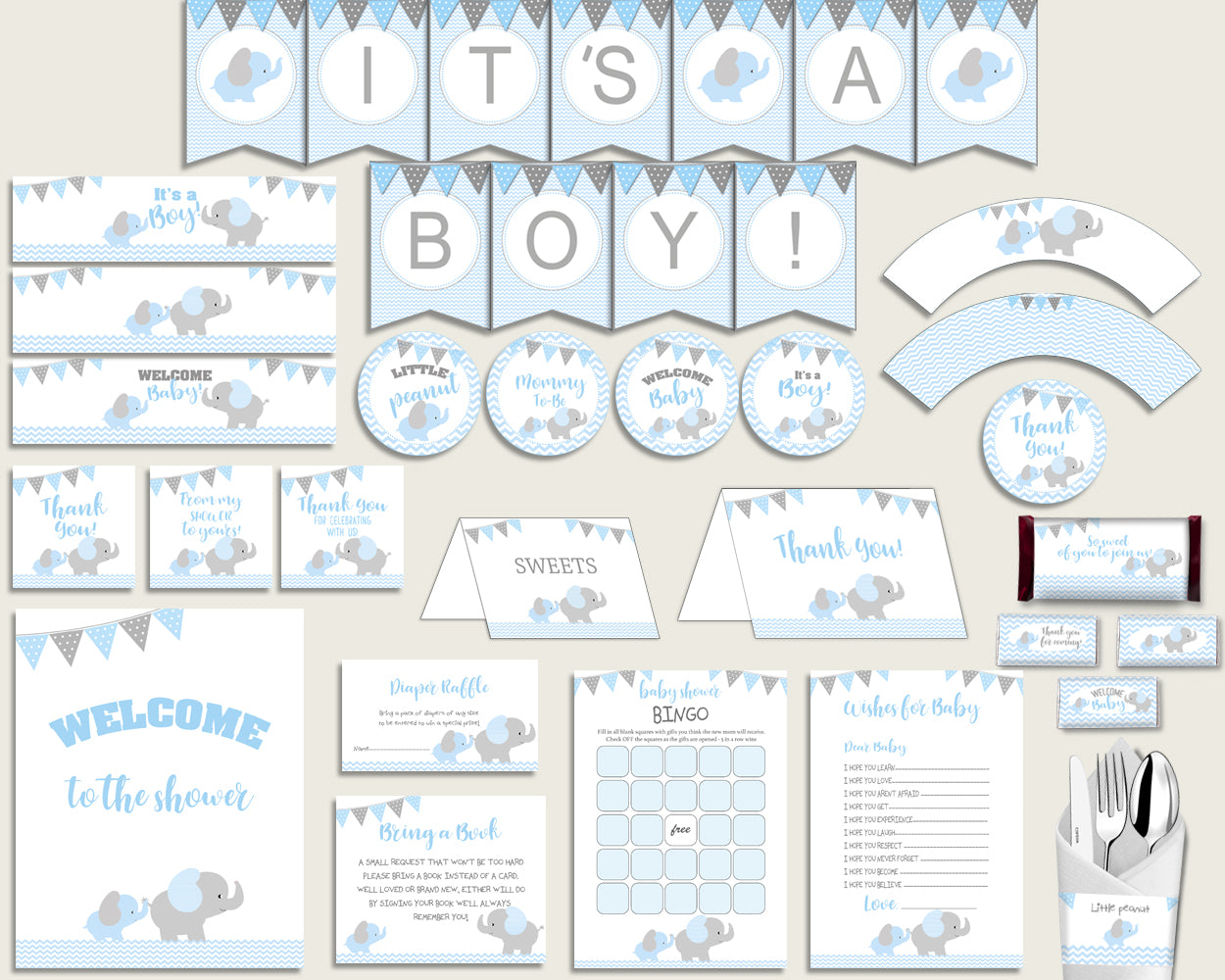 Blue Grey Baby Shower Decorations Boy Kit, Elephant Baby Shower Party Package Printable, Instant Download, Little Peanut Most Popular ebl02