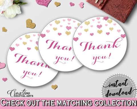 Glitter Hearts Bridal Shower Thank You Tag in Gold And Pink, thank you stickers,  bridal shower love, shower activity, party theme - WEE0X - Digital Product