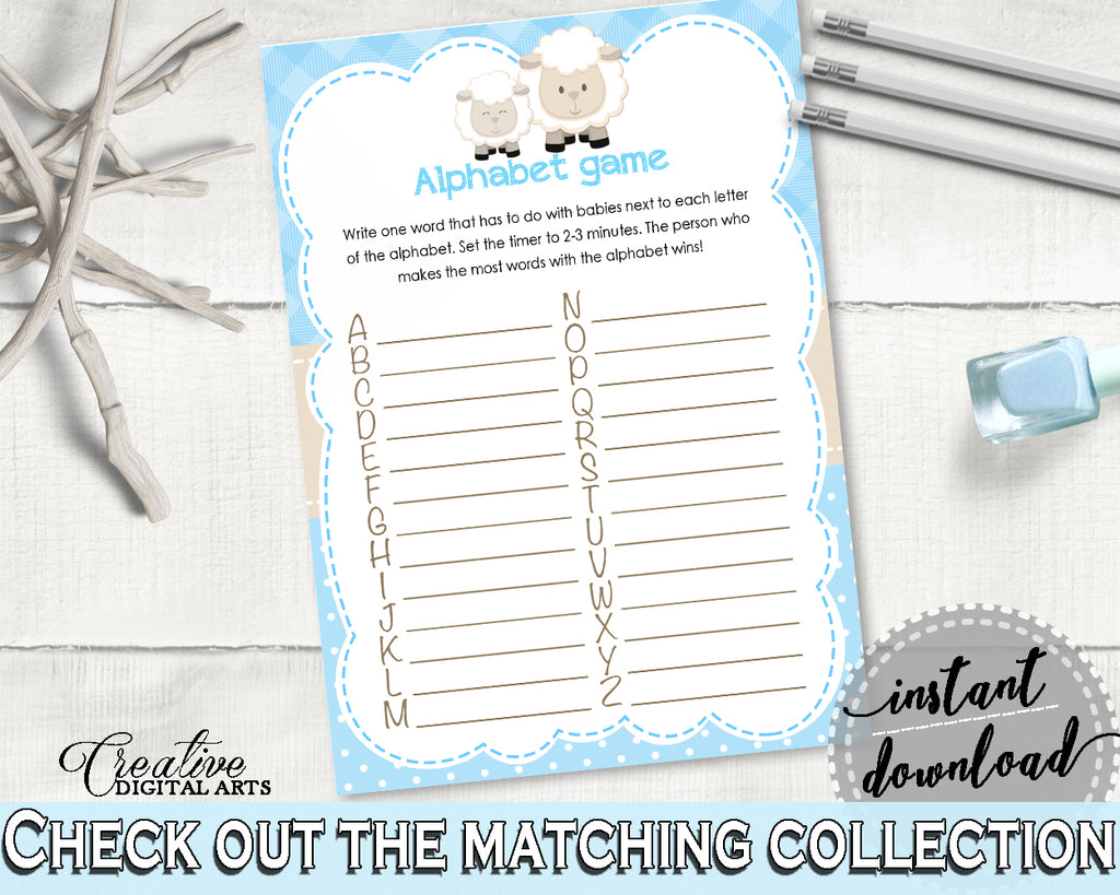 Little Lamb Baby Shower Boy ALPHABET game with blue theme printable sheep, digital file, diy, jpg and pdf, instant download - fa001