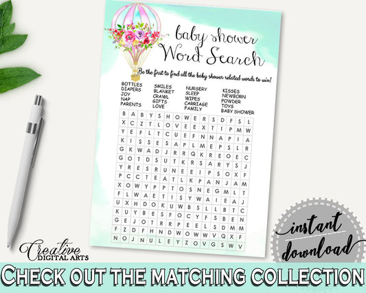 Word Search Baby Shower Word Search Hot Air Balloon Baby Shower Word Search Baby Shower Hot Air Balloon Word Search Green Pink prints CSXIS - Digital Product