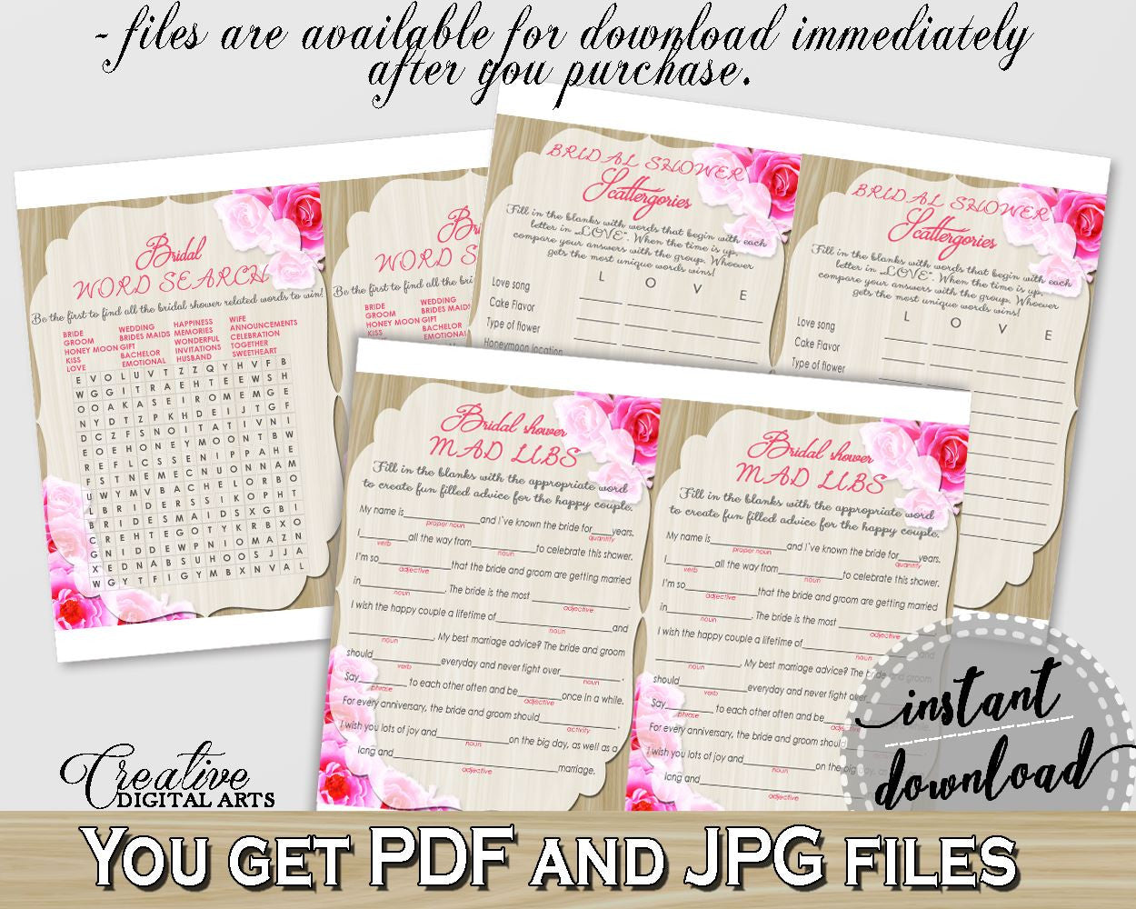 Roses On Wood Bridal Shower Games Bundle in Pink And Beige, games kit, wood and roses, party plan, party planning, party stuff - B9MAI - Digital Product