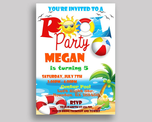 Pool Party Birthday Invitation Pool Party Birthday Party Invitation Pool Party Birthday Party Pool Party Invitation Boy Girl beach sun U1RJU - Digital Product