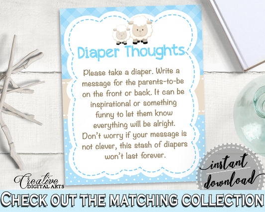 Little Lamb Baby Shower Boy DIAPER THOUGHTS blue game printable, sheep boy shower theme, digital file Jpg Pdf, instant download - fa001