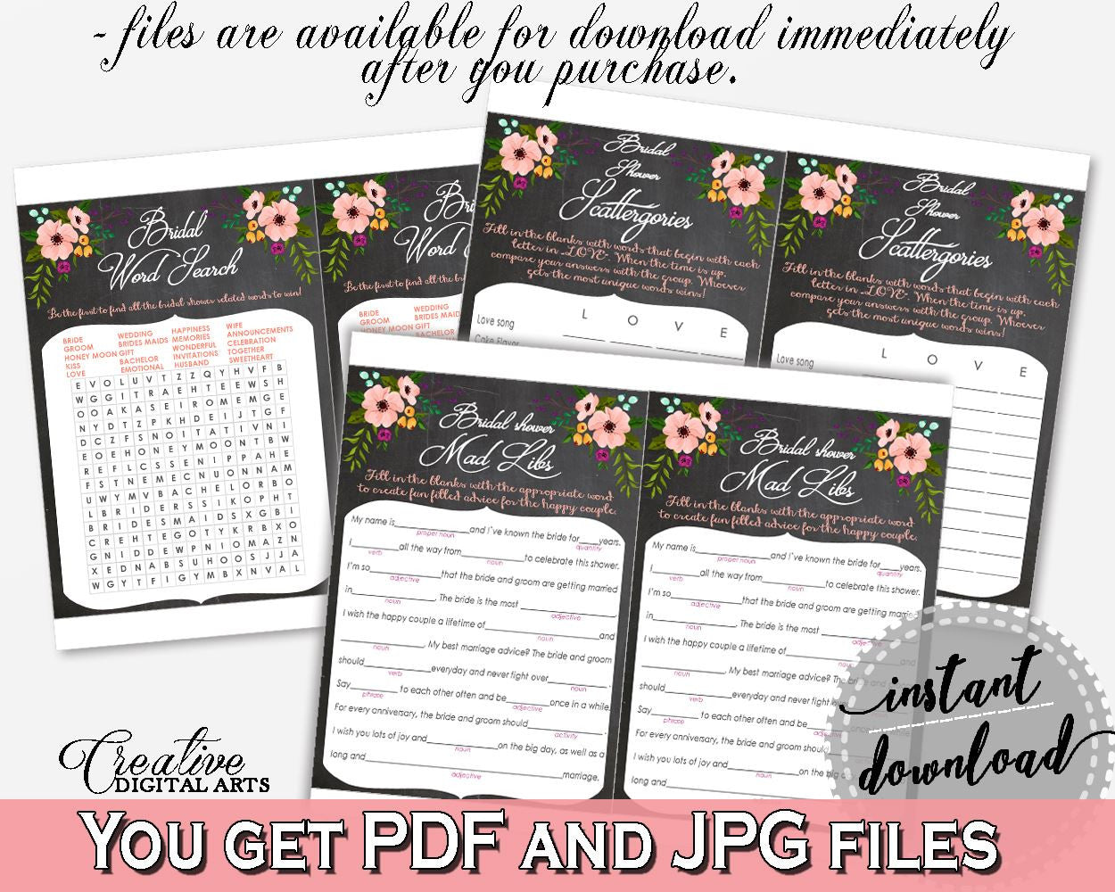 Games Bundle in Chalkboard Flowers Bridal Shower Black And Pink Theme, mad libs, chalk flowers shower, party stuff, party decor - RBZRX - Digital Product