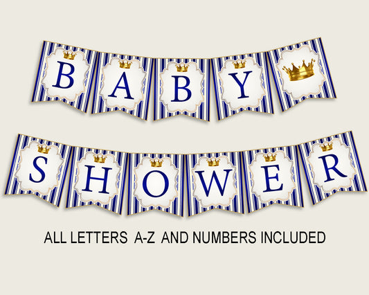 Royal Prince Baby Shower Banner All Letters, Birthday Party Banner Printable A-Z, Blue Gold Banner Decoration Letters Boy, King Crown rp001