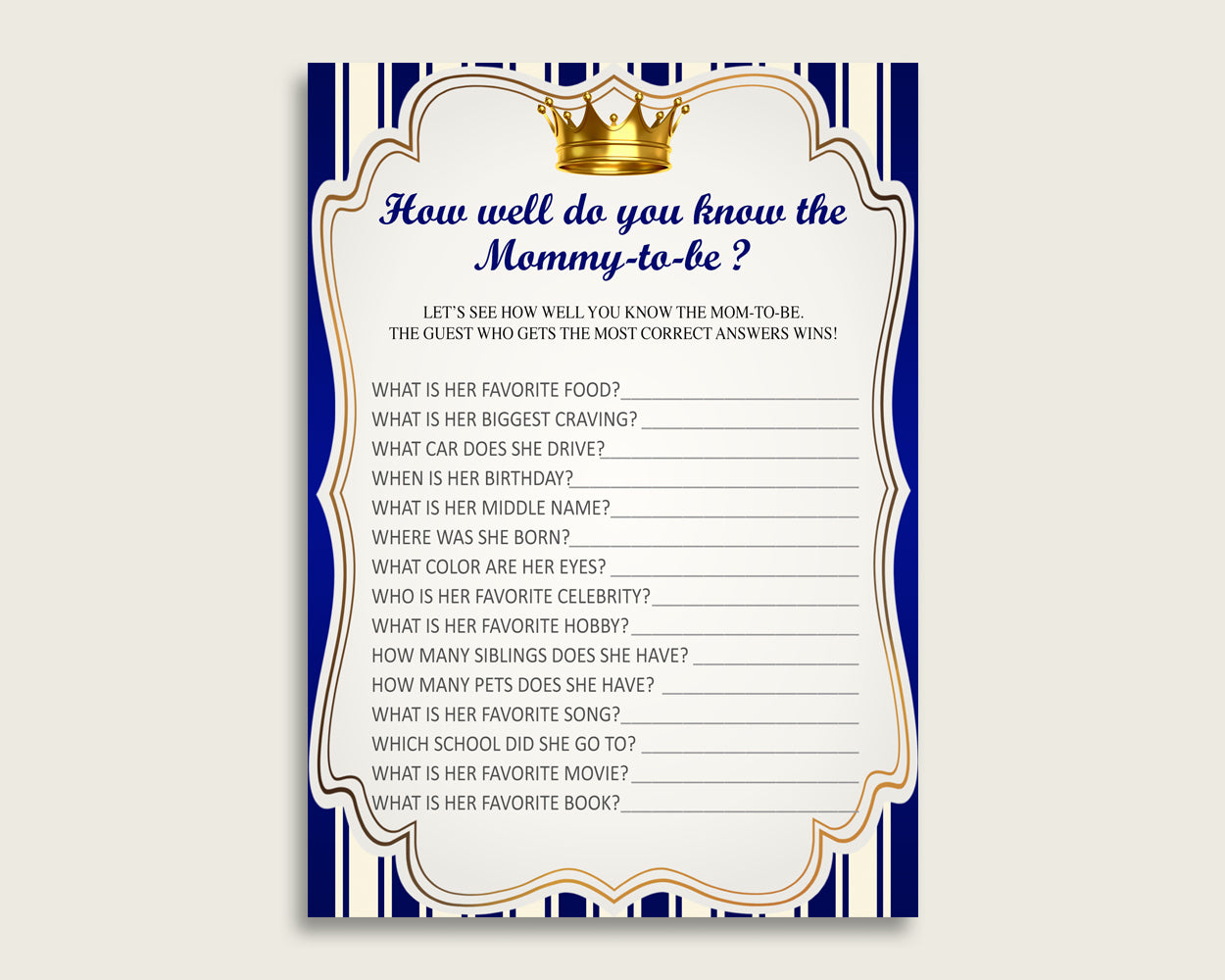 Blue Gold How Well Do You Know Mommy Game, Royal Prince Baby Shower Boy, Who Knows Mommy Best Printable, King Crown King Gold Crown rp001