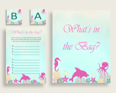 Under The Sea Baby Shower What's In The Bag Game, Pink Green Girl Bag Game Printable, Instant Download, Sea Creatures Popular uts01
