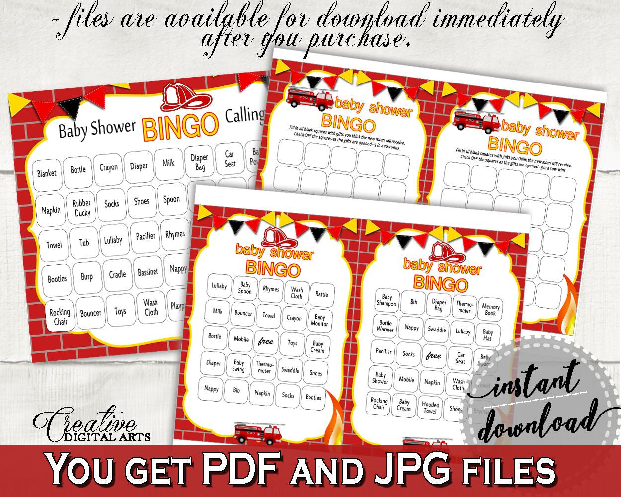 Bingo Baby Shower Bingo Fireman Baby Shower Bingo Red Yellow Baby Shower Fireman Bingo customizable files, printable files - LUWX6 - Digital Product