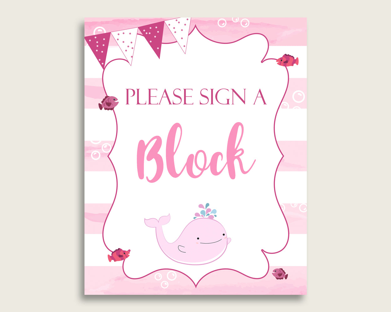 Pink White Please Sign A Block Sign and Decoarate A Block Sign Printables, Pink Whale Girl Baby Shower Decor, Instant Download, wbl02