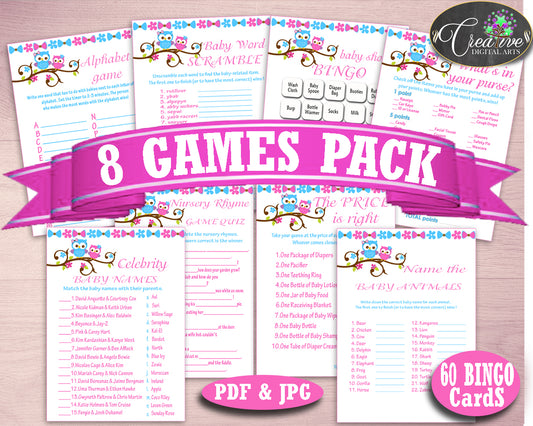 Games Baby Shower Games Owl Baby Shower Games Baby Shower Owl Games Pink Blue party planning pdf jpg party decorations prints owt01