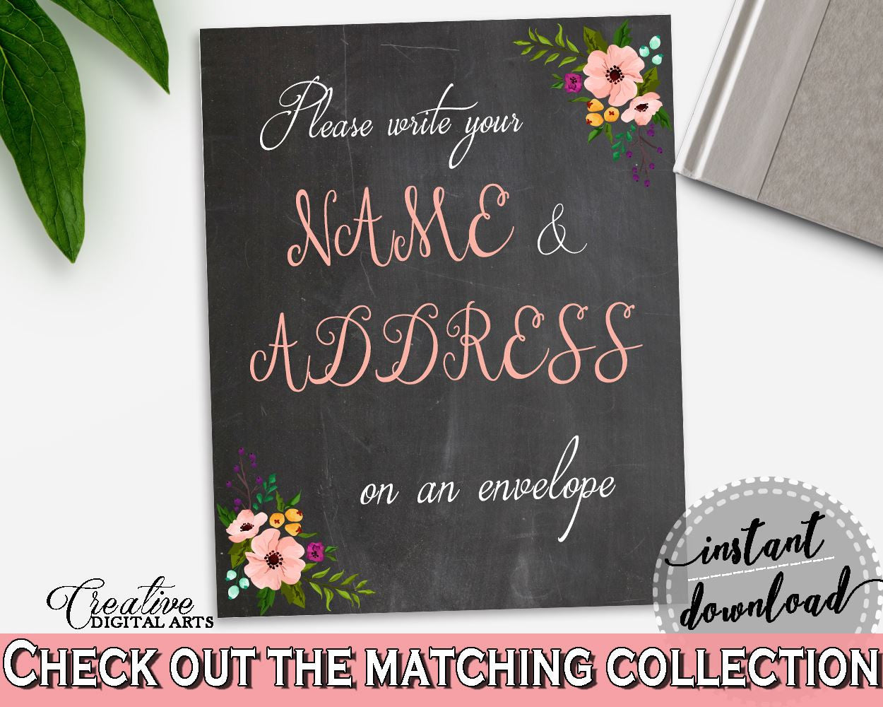 Write Your Name And Address Sign in Chalkboard Flowers Bridal Shower Black And Pink Theme, helping parents to be, printable files - RBZRX - Digital Product