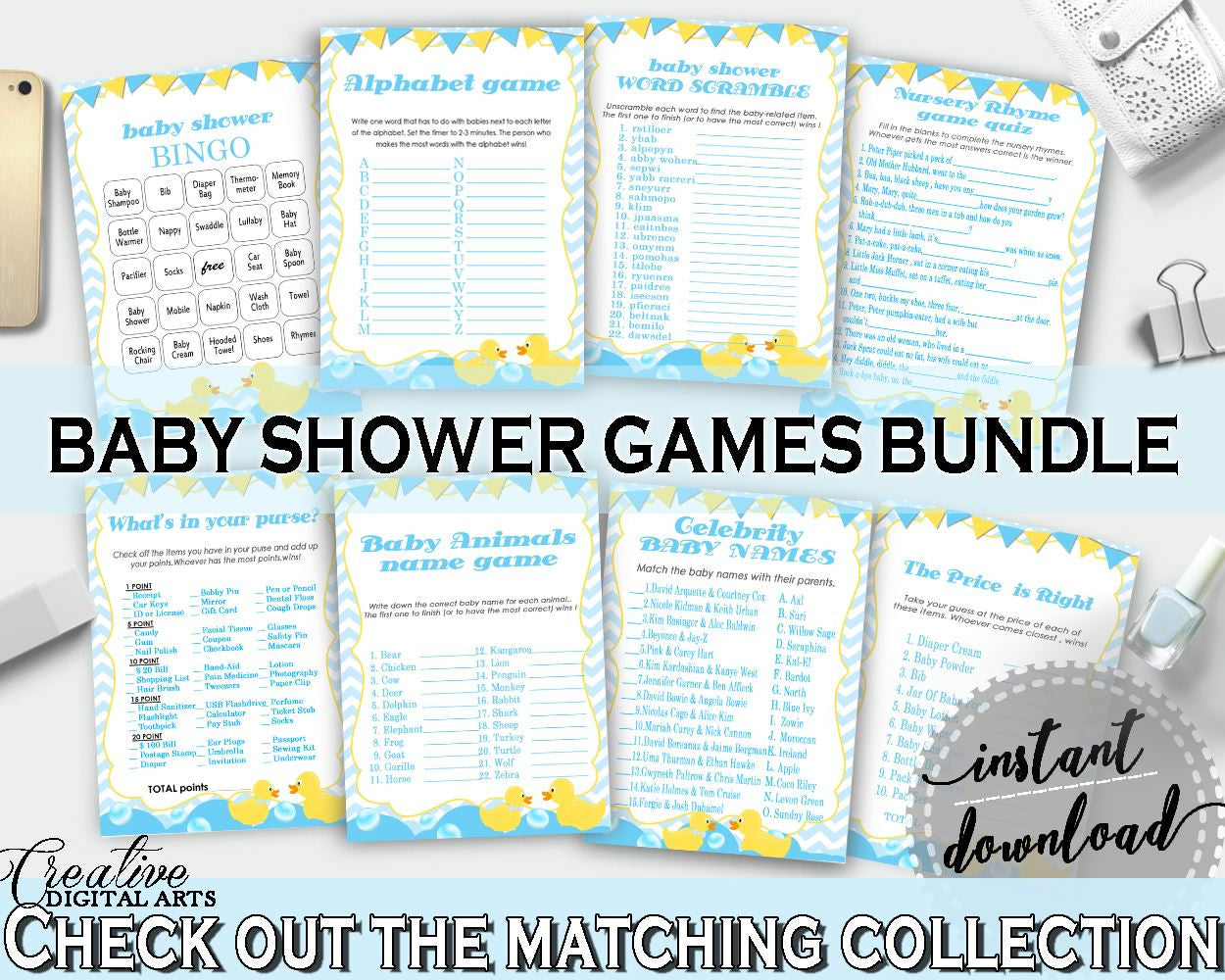 Rubber Duck Baby Shower Games, Rubber Duck Baby Shower Printable, Mint and Blue Rubber Duck Games Package, jpg pdf, instant download - rd002 - Digital Product