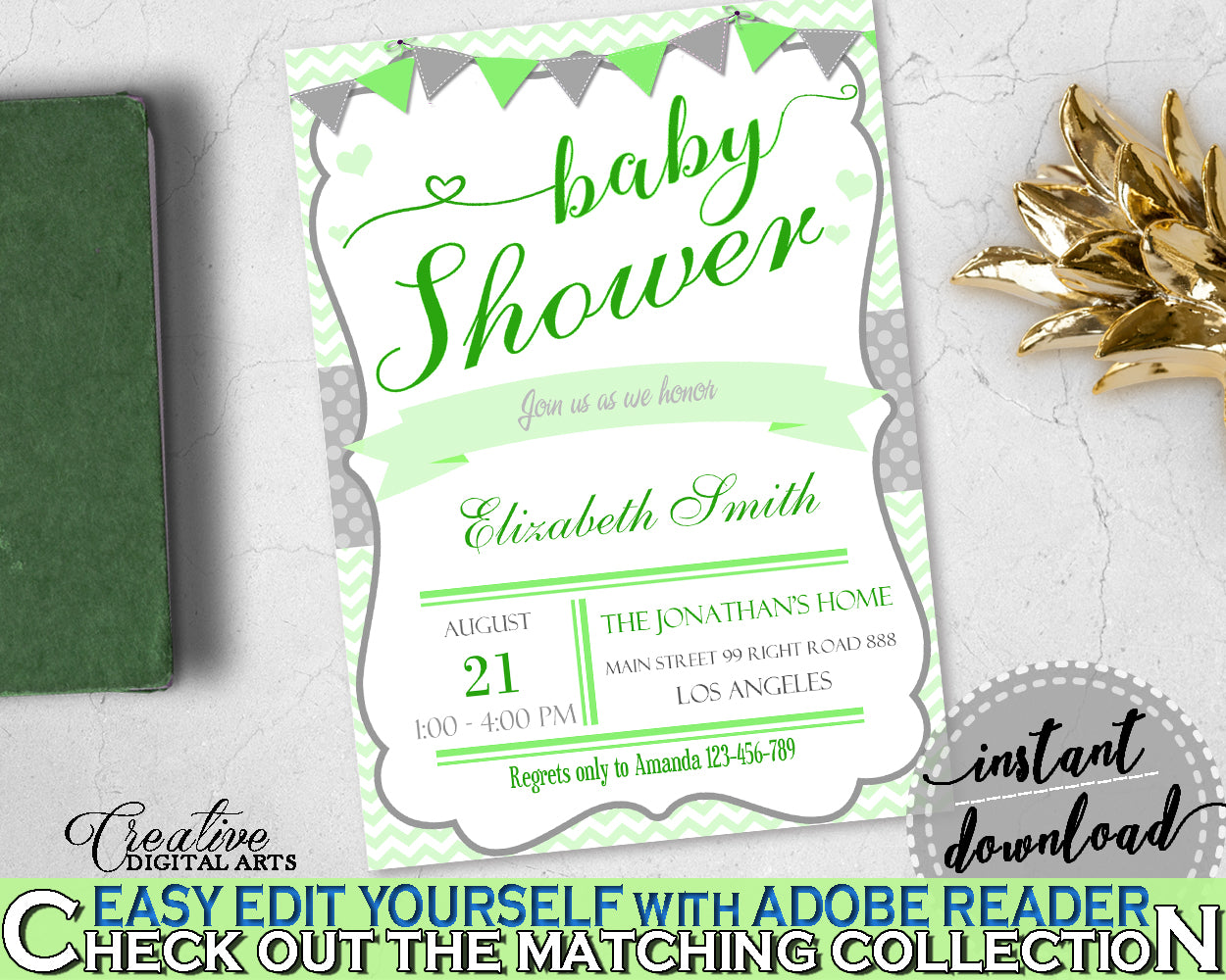 Baby Shower INVITATION editable Pdf with green chevron theme and digital Jpg included, instant download - cgr01