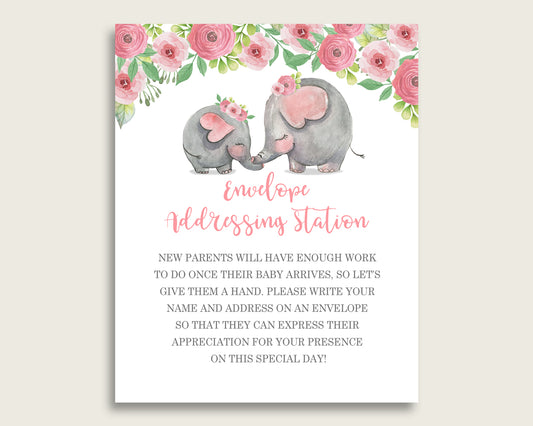 Pink Grey Baby Shower Address Sign Printable, Pink Elephant Envelope Station Sign, Envelope Addressing Baby Shower Girl, ep001