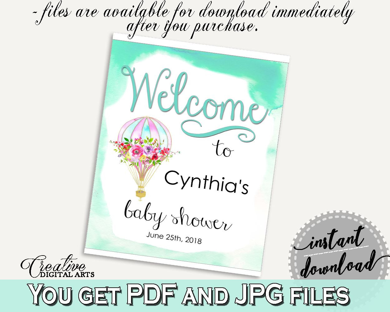 Welcome Sign Baby Shower Welcome Sign Hot Air Balloon Baby Shower Welcome Sign Baby Shower Hot Air Balloon Welcome Sign Green Pink CSXIS - Digital Product