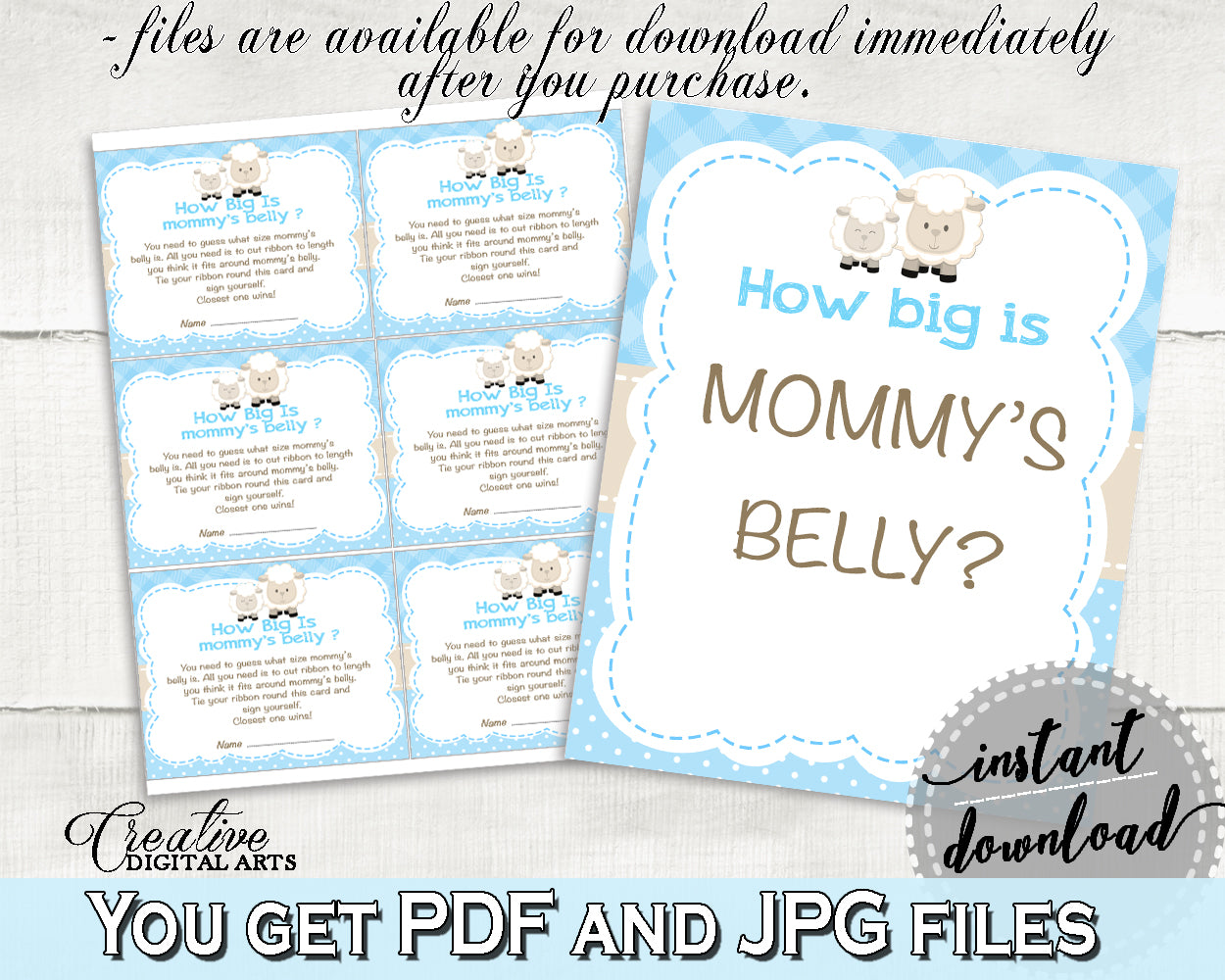 Little Lamb Baby Shower How Big Is MOMMY'S BELLY game blue printable, sheep baby boy theme, digital files Jpg Pdf, instant download - fa001