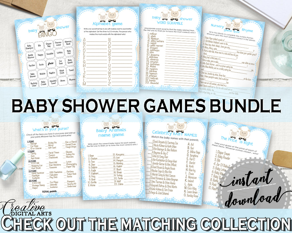 Little Lamb Baby Shower boy games package bundle set printable sheep with blue theme, 8 games pack, digital files - Instant Download - fa001