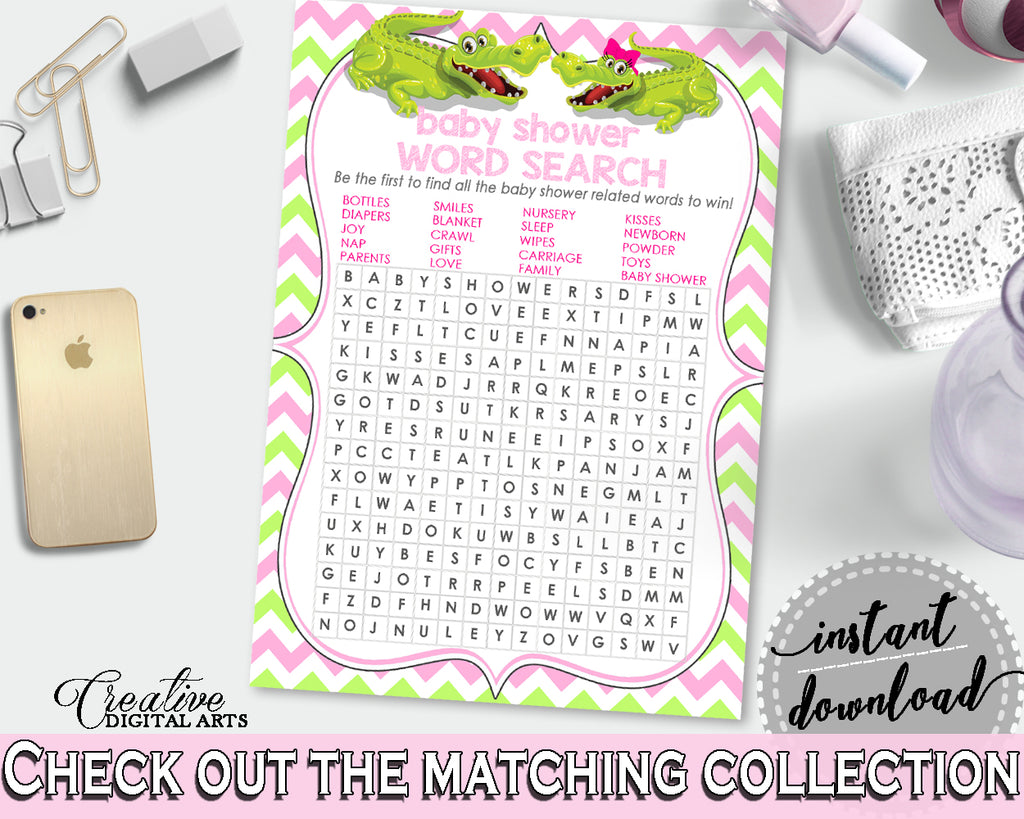 Baby Shower WORD SEARCH game with green alligator and pink color theme, instant download - ap001