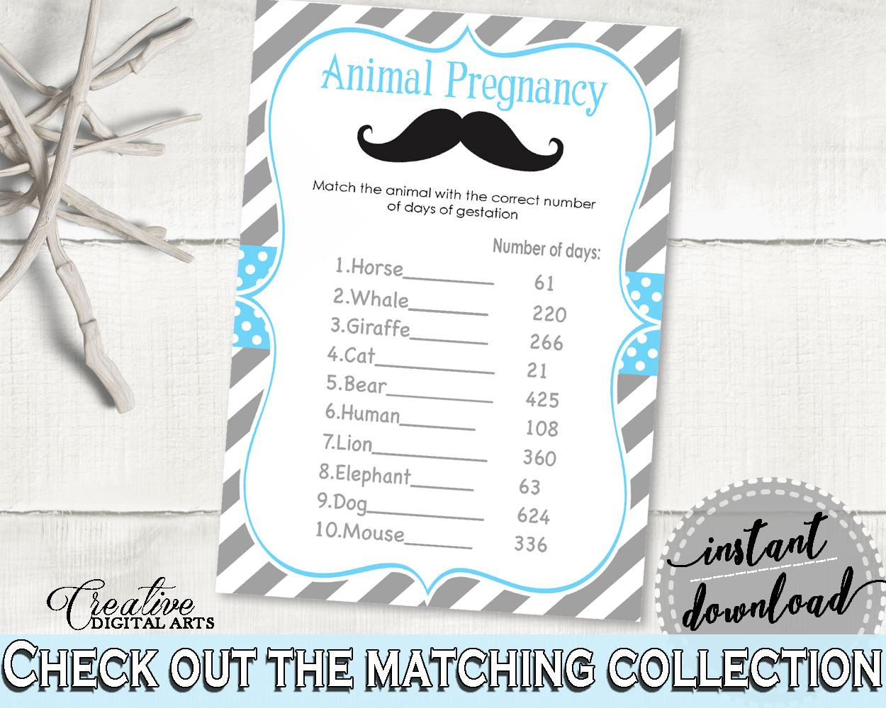 Blue And Gray Animal Gestation, Baby Shower Animal Gestation, Mustache Baby Shower Animal Gestation, Baby Shower Mustache Animal 9P2QW - Digital Product